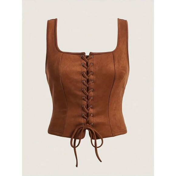 Vintage-Inspired Elegant Brown Crop Top drawstring lace-up front Size 12 - Picture 1 of 5